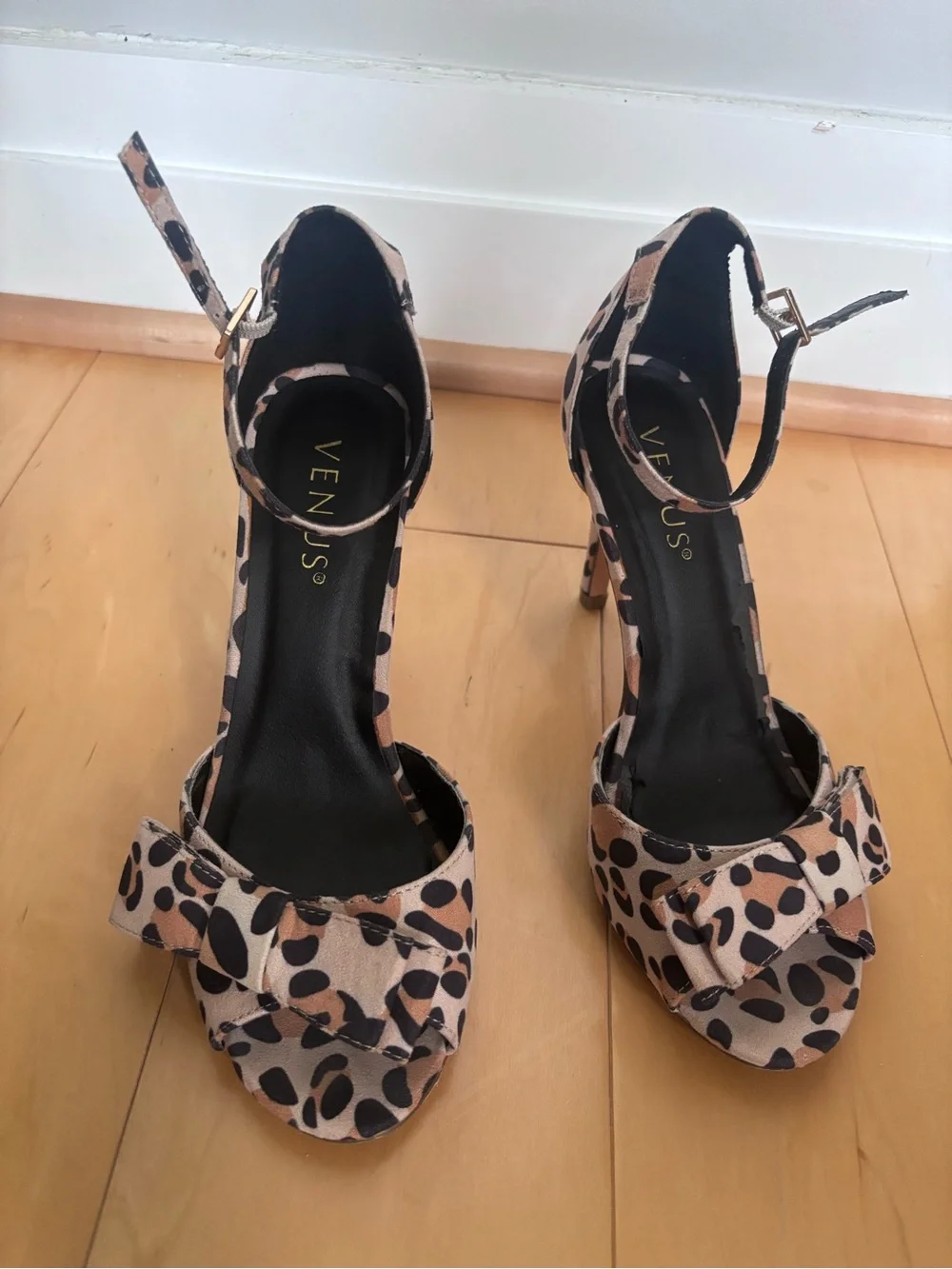 VENUS Pink Leopard Print Bow Ankle-Strap Heels